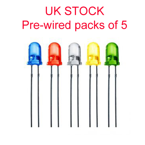 9v 6v 5v Pre-Wired 5mm LED/'s Various Colours Pack of 5 12v